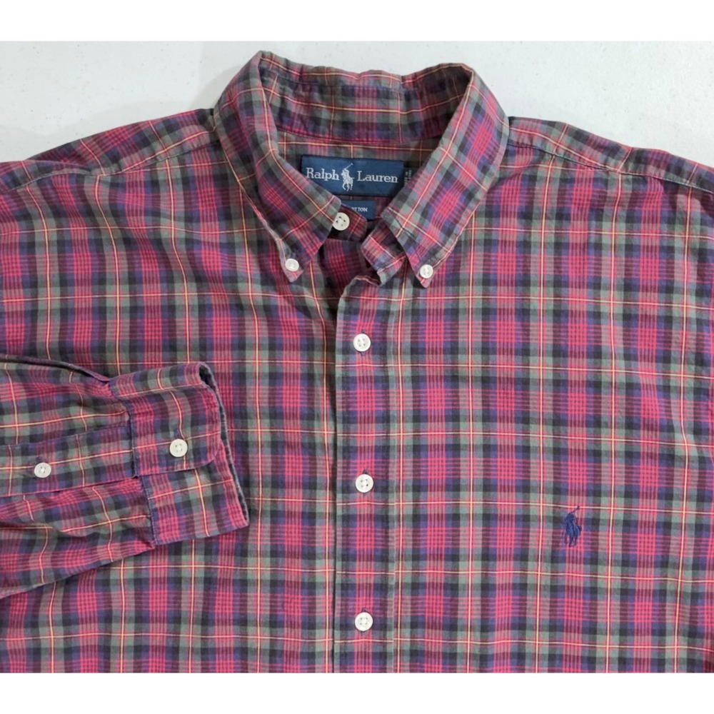 Ralph Lauren Button Down Shirt Large Tall Red Multi Plaid Cotton Vintage Preppy